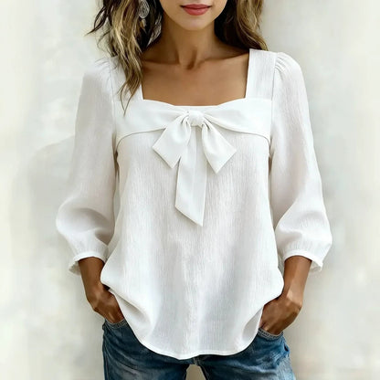 Women's Square Neck Bow Front Puff Sleeve Blouse