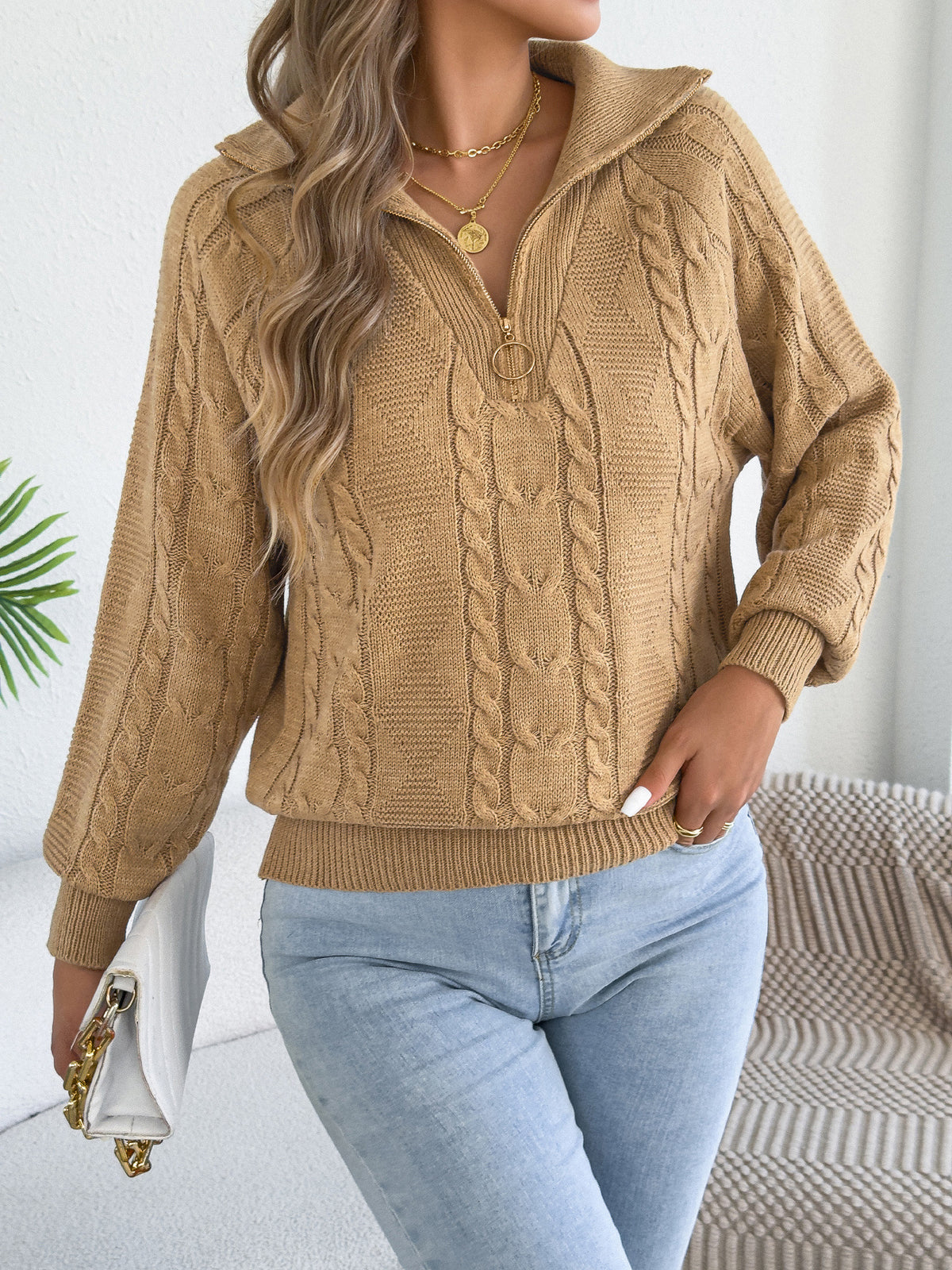 Women's Cable Knit Half Zip Collar Sweater Pullover