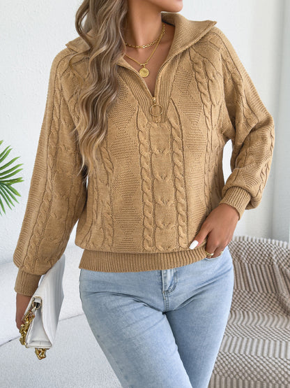 Women's Cable Knit Half Zip Collar Sweater Pullover