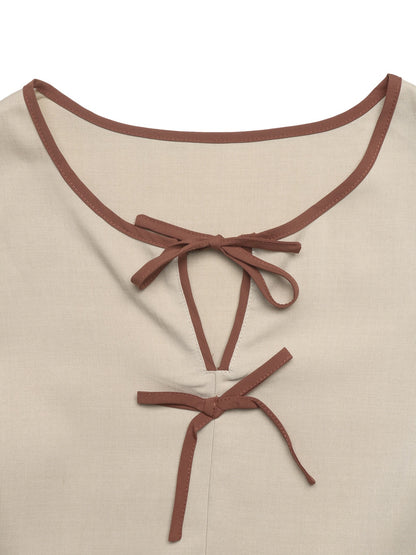 Beige Bow Tie Pullover Short Sleeve Top Cute Summer Blouse