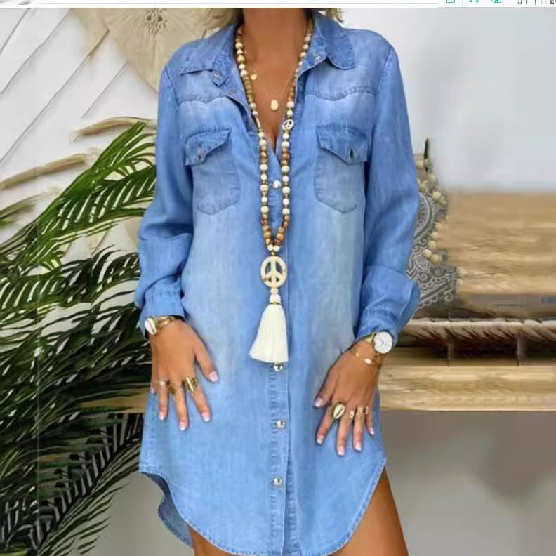Denim Shirt Dress Long Sleeve Button Front Pockets