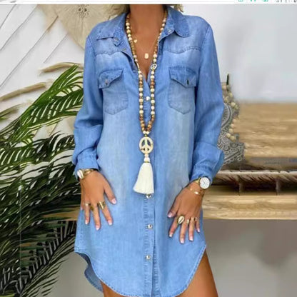 Denim Shirt Dress Long Sleeve Button Front Pockets