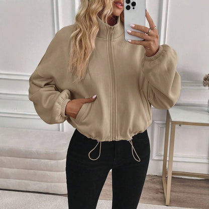 Women's Fleece Zip Up Jacket Drawstring Hem Oversized
