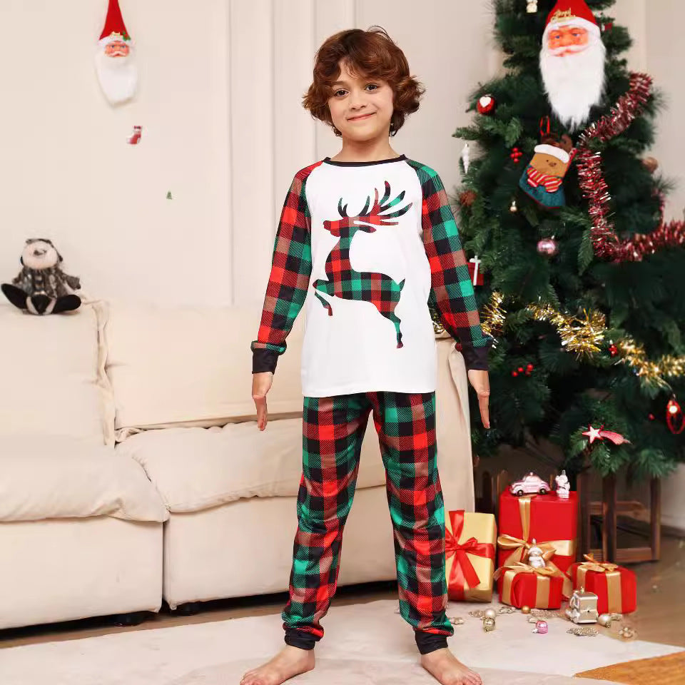 Parent-child Plaid Deer Print Crew Neck Christmas Pajama Set