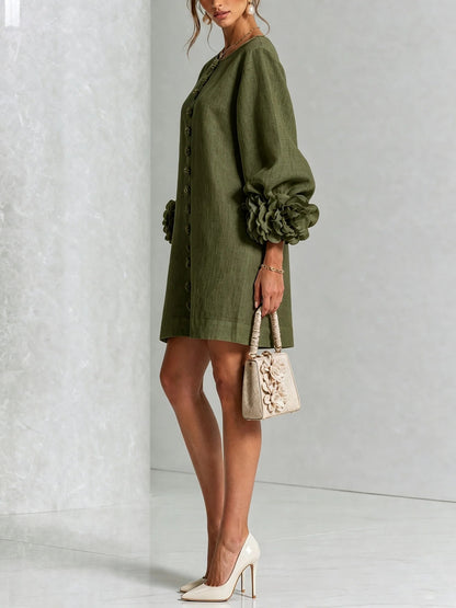 Elegant Floral Applique Balloon Sleeve A-Line Mini Dress