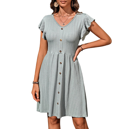 V-Neck Button Elastic Waist Short-Sleeve Dress