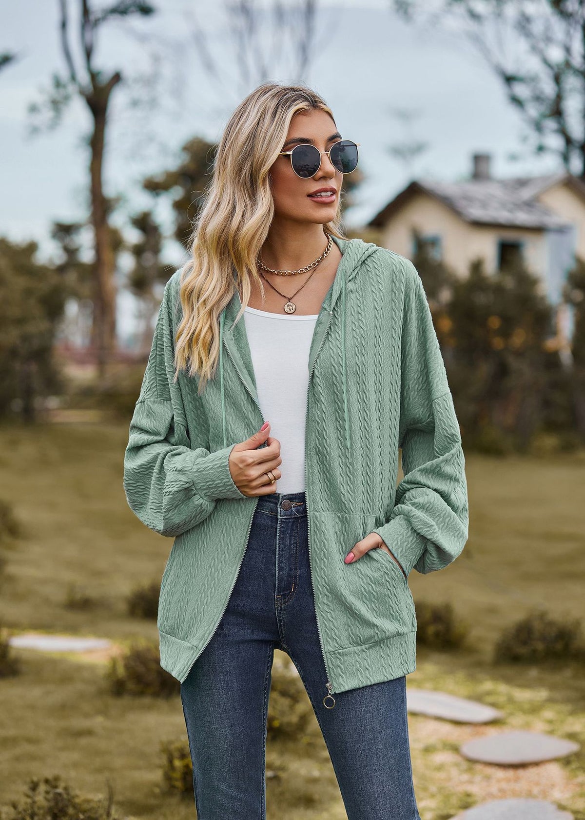 Oversized Textured Zip-Up Hoodie Jacket Pockets
