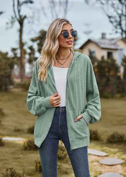 Oversized Textured Zip-Up Hoodie Jacket Pockets