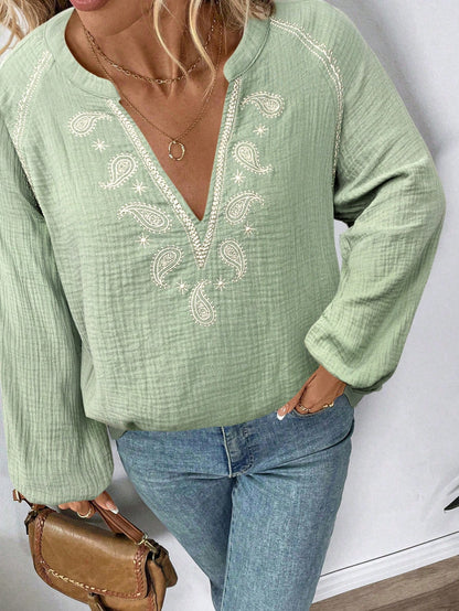 Boho Embroidered Cotton Blouse Women V Neck Peasant Top