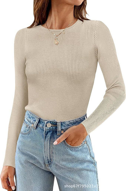 Women's Basic Ribbed Crew Neck Long Sleeve Knit Top