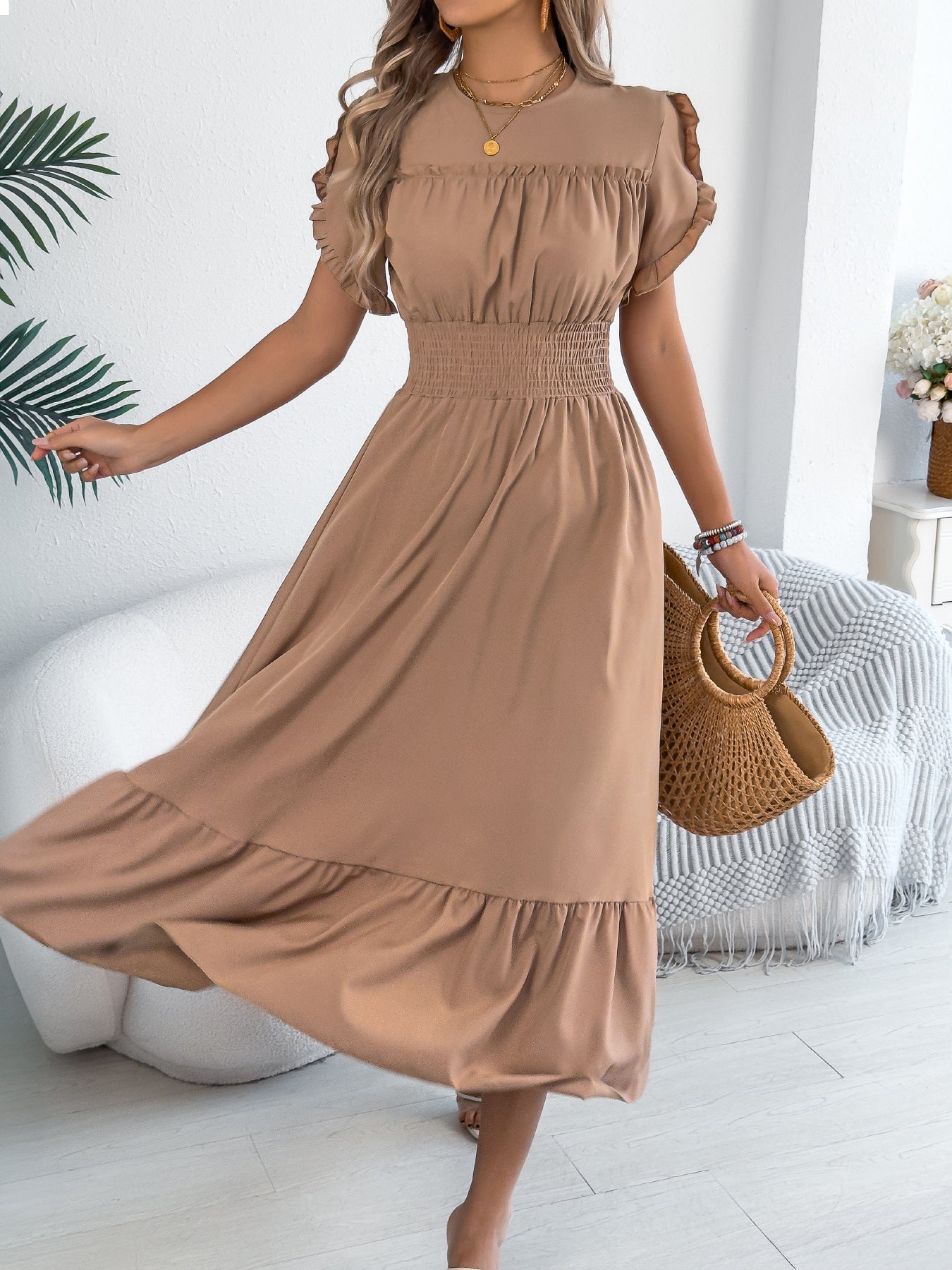 Ruffle Sleeve Smocked Waist Maxi Dress Casual Flowy