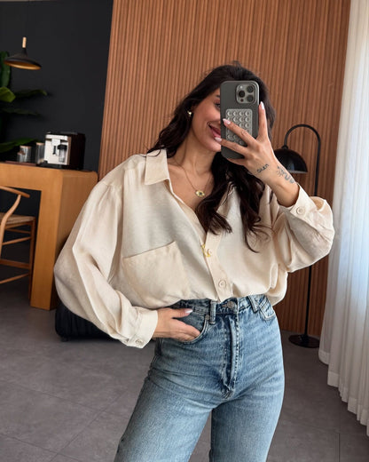 Women's Oversized Collared Pocket Button Down Shirt