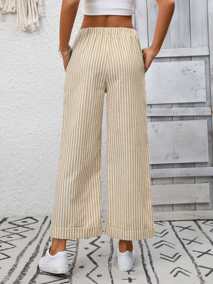 Striped High Waist Drawstring Wide Leg Summer Pants