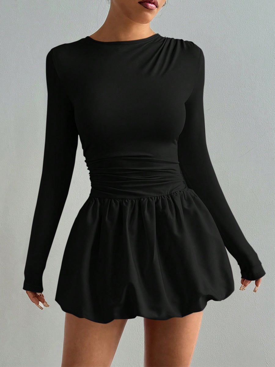 Long Sleeve Fitted Bubble Dress Ruched Waist Mini
