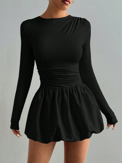 Long Sleeve Fitted Bubble Dress Ruched Waist Mini