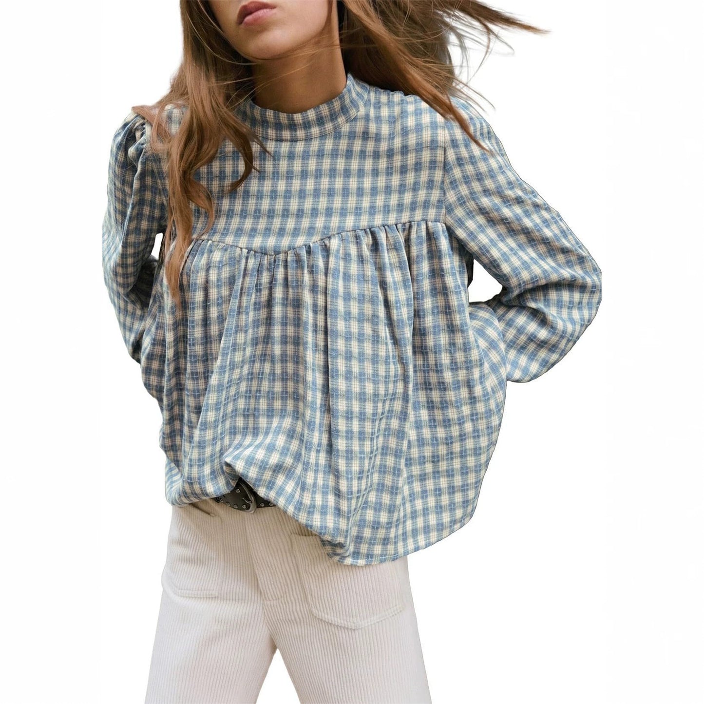 Women's Plaid Mock Neck Babydoll Long Sleeve Top