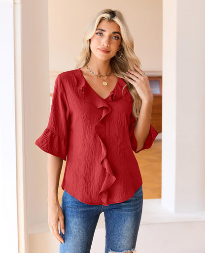 Ruffle V Neck 3/4 Sleeve Textured Blouse Top