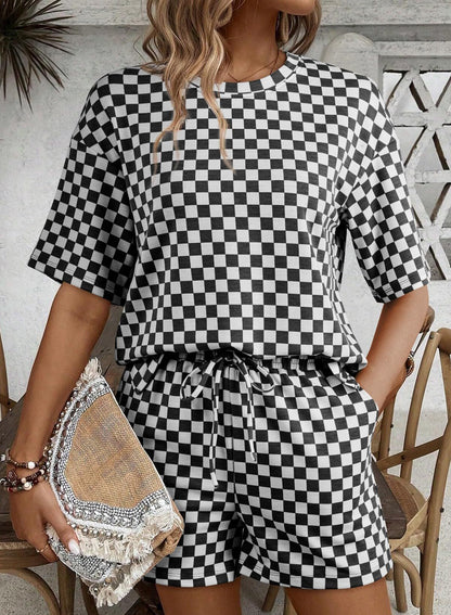 Rose Red Checkerboard Tee and Drawstring Shorts Set