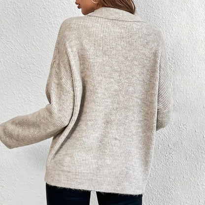 Women's Ribbed Polo Collar Sweater Long Sleeve Pullover
