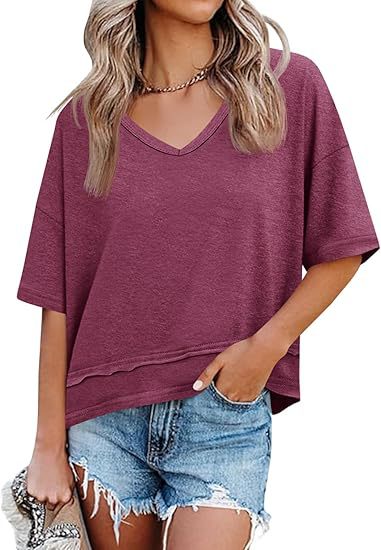 V Neck Loose Fit Tee Casual Short Sleeve Summer Top