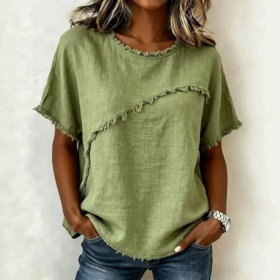 Frayed Trim Linen Blend Short Sleeve Relaxed Top