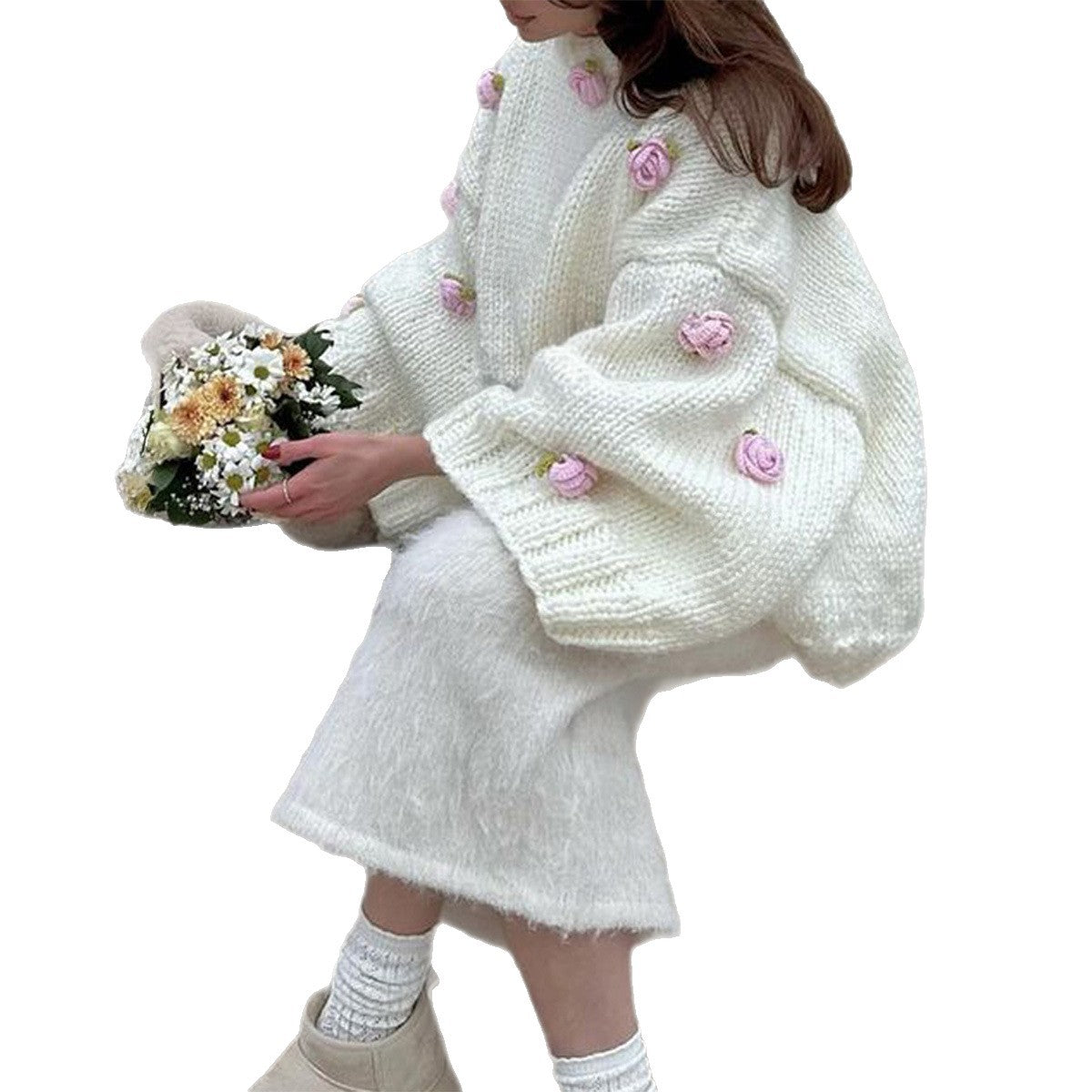 Women's Chunky Knit Oversized Floral Pullover Sweater