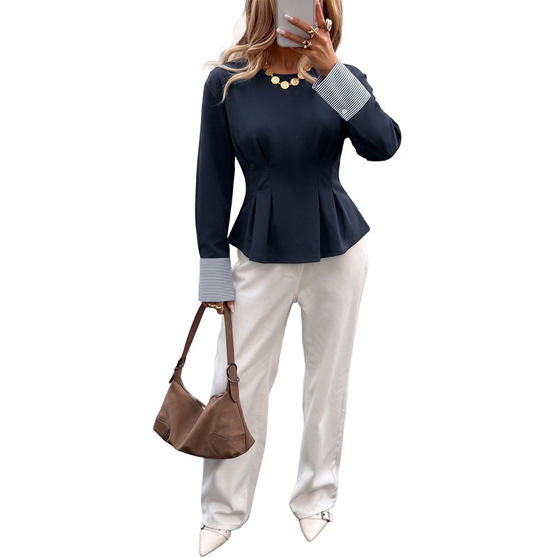 Contrast Cuff Pleated Waist Peplum Long Sleeve Top