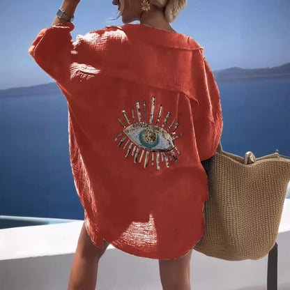 Evil Eye Long Sleeve Oversized Button Down Shirt
