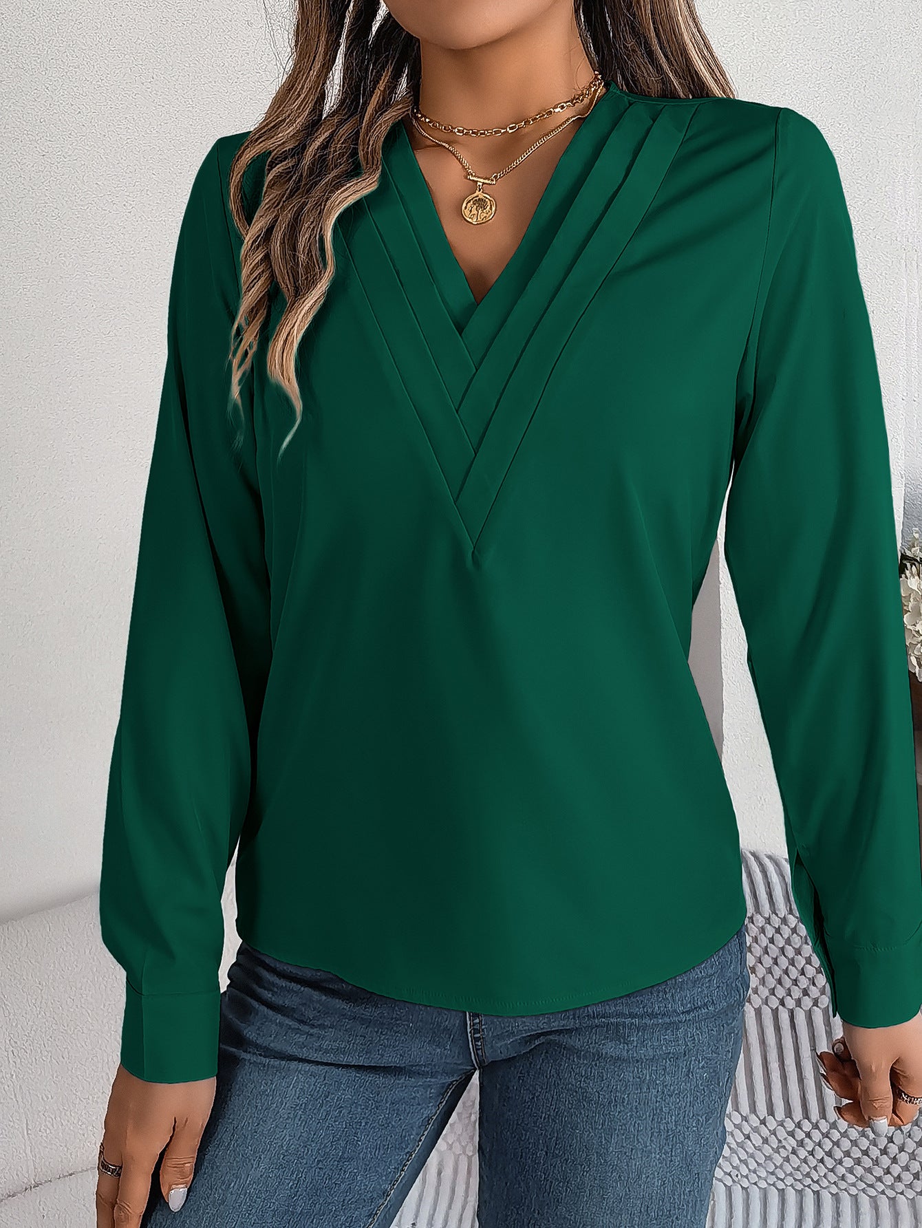 Elegant Layered V-Neck Long Sleeve Blouse – 2025 Fall/Winter