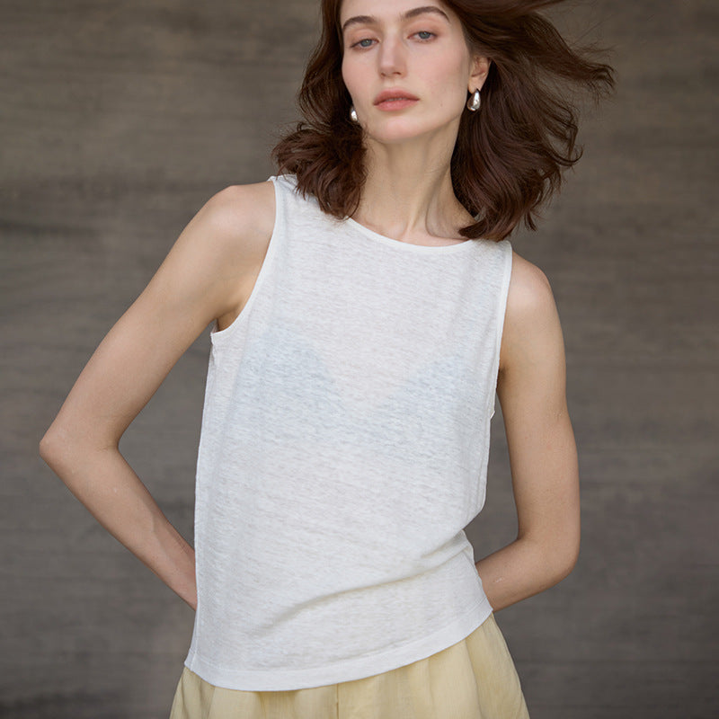 High-End 100% Linen Tank Top Slim Fit Round Neck Women’s Top