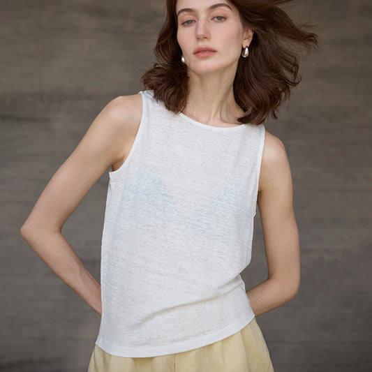 High-End 100% Linen Tank Top Slim Fit Round Neck Women’s Top