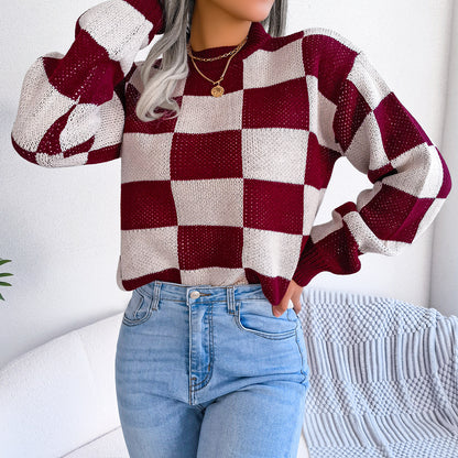 2025 Fall/Winter Colorblock Checkered Knit Sweater - Street Style