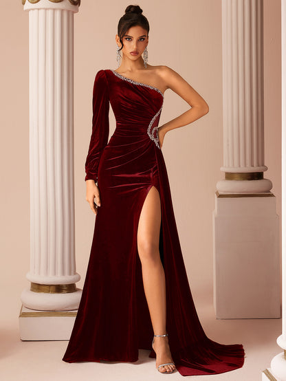 One Shoulder Velvet Rhinestone Slit Evening Gown
