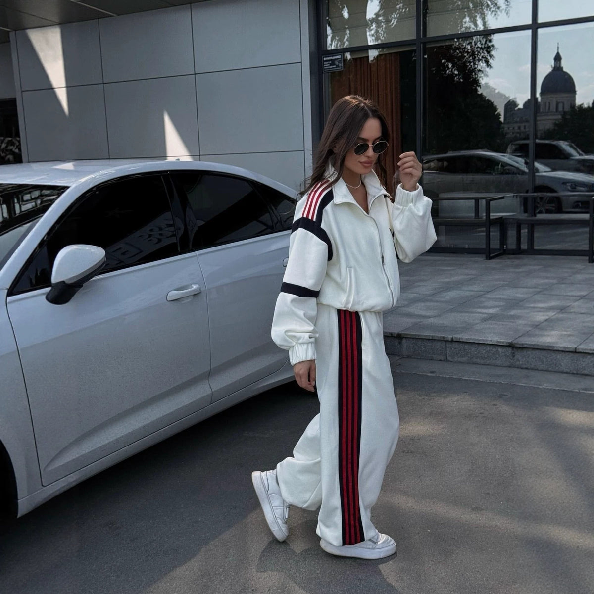 Striped Crop Jacket Wide Leg Pants Two Piece Lounge Set