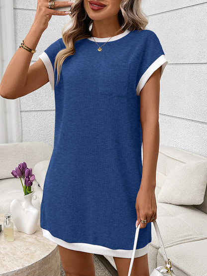 Navy Contrast Trim Pocket T Shirt Dress Casual Shift