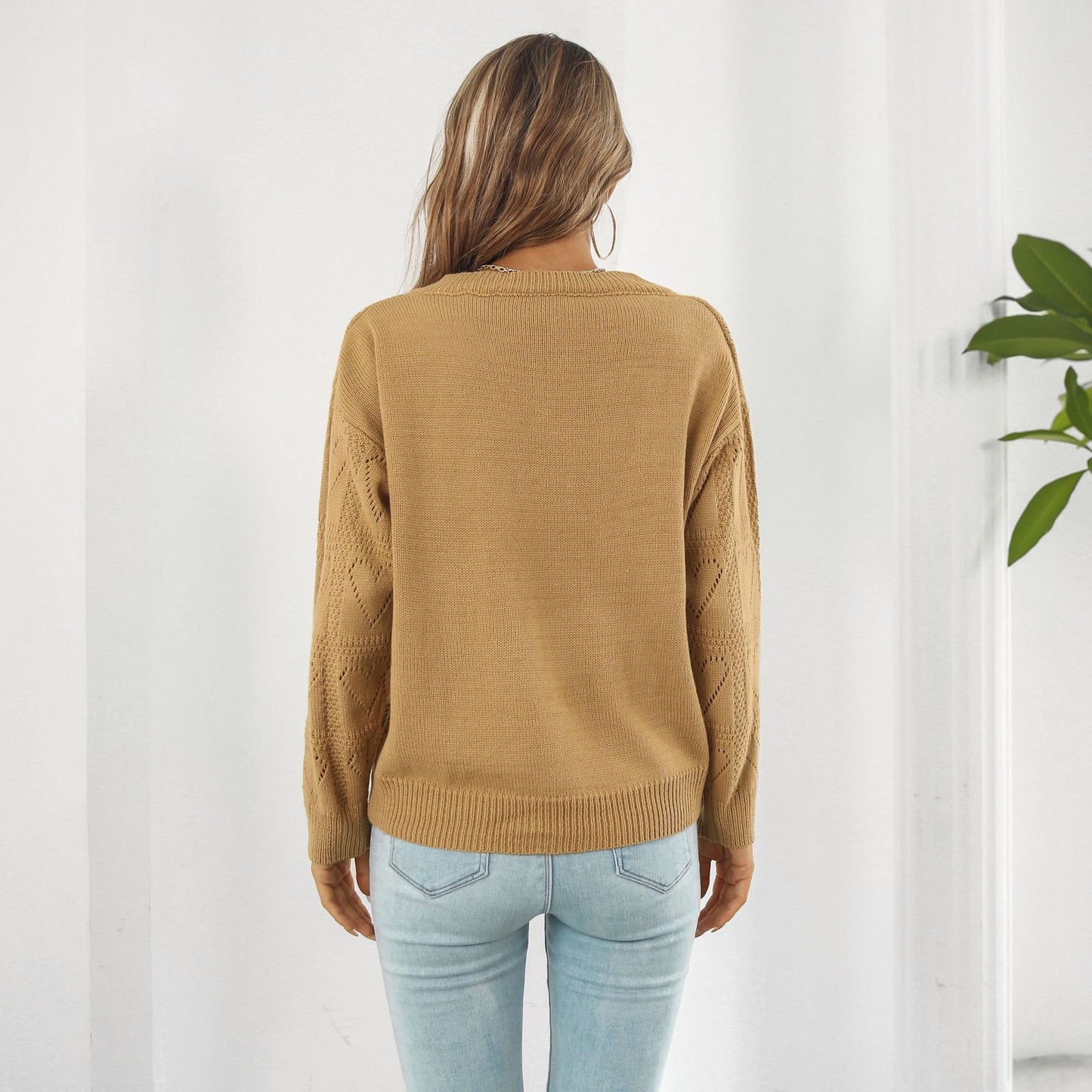 Women's Oversized V-Neck Heart Cutout Knit Sweater