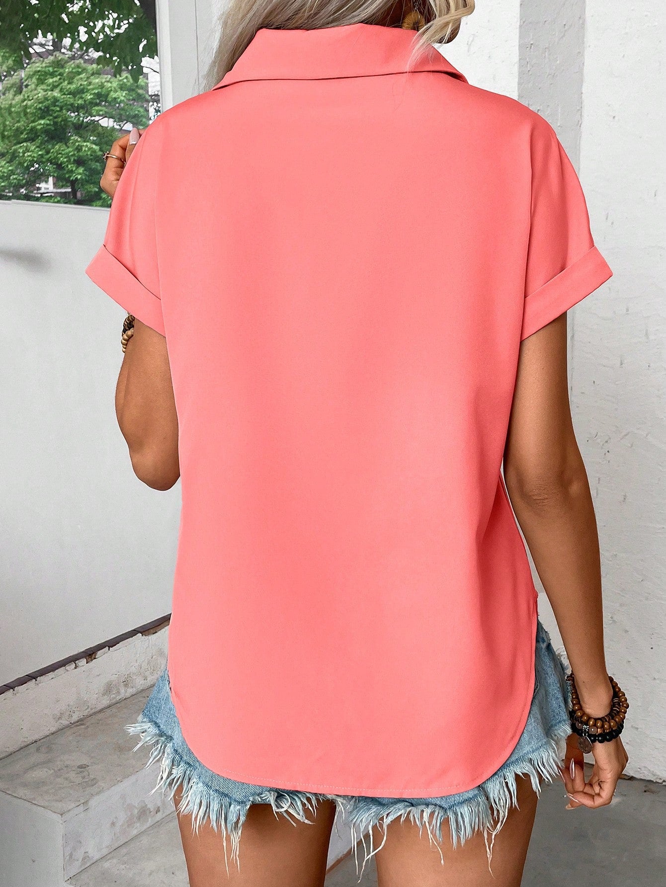 Pleated Shoulder Button Down Shirt with Pockets