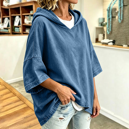Women's Oversized Denim Hoodie 3/4 Sleeve Pullover Top