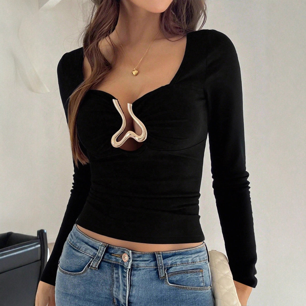 Y2K Square Neck Metal Detail Long Sleeve Fitted Top