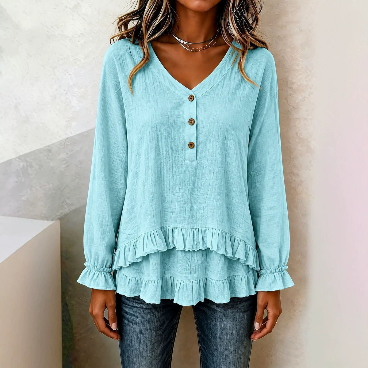 Women's V Neck Ruffle Long Sleeve Tiered Blouse