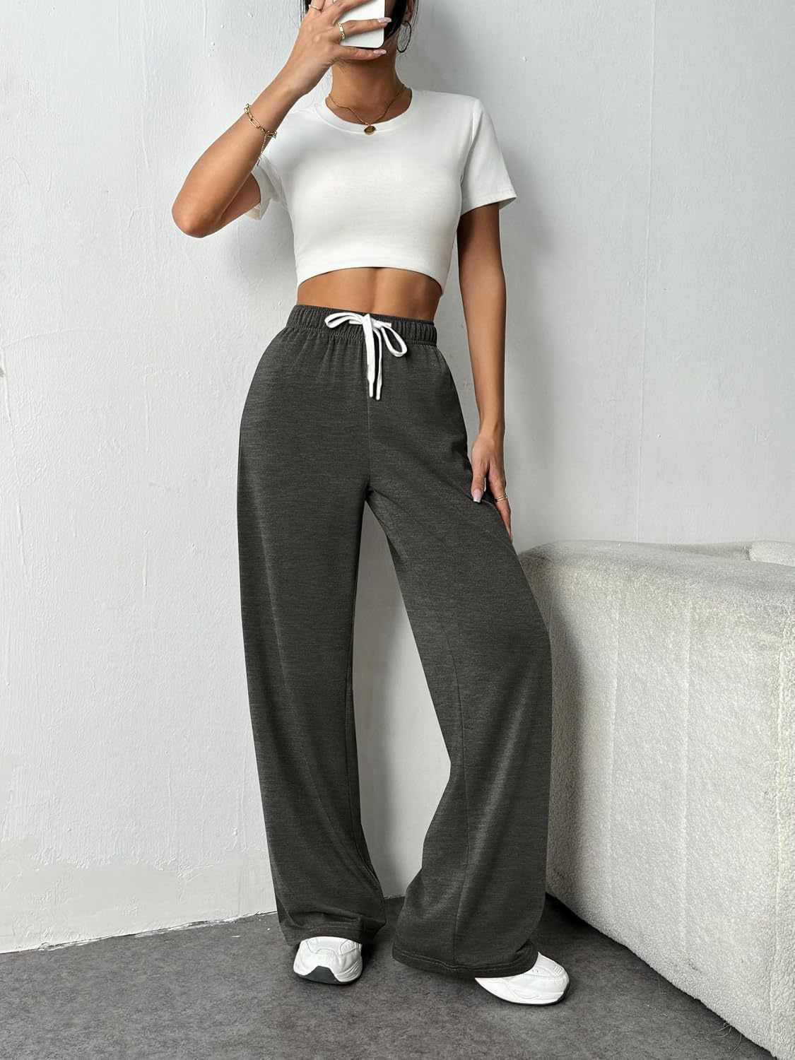 High Waist Wide Leg Pants Drawstring Casual Lounge Pants