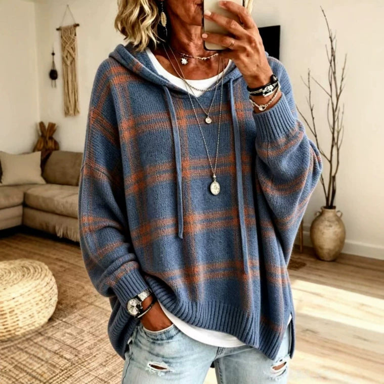 Women's Plaid Hooded Oversized Knit Pullover Sweater