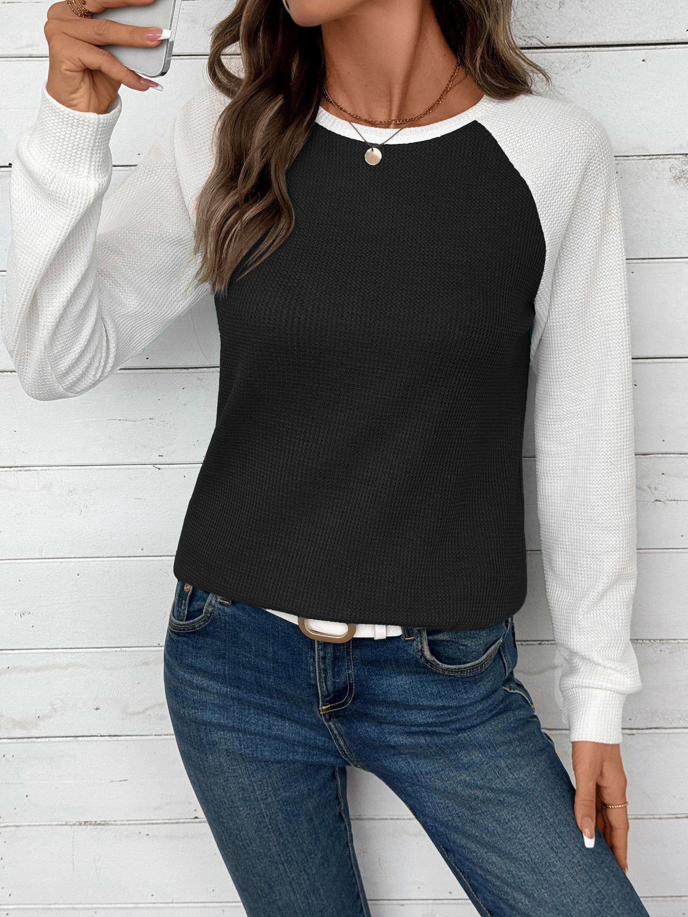 Colorblock Waffle Knit Long Sleeve Top Women Casual Tee