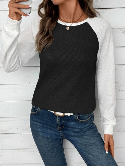 Colorblock Waffle Knit Long Sleeve Top Women Casual Tee