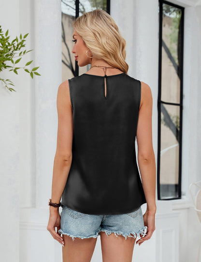 Womens Satin Sleeveless Pleated Office Casual Tank Top