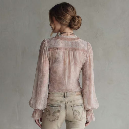 Sheer Bell Sleeve Blouse V-Neck Lace Trim Boho Top