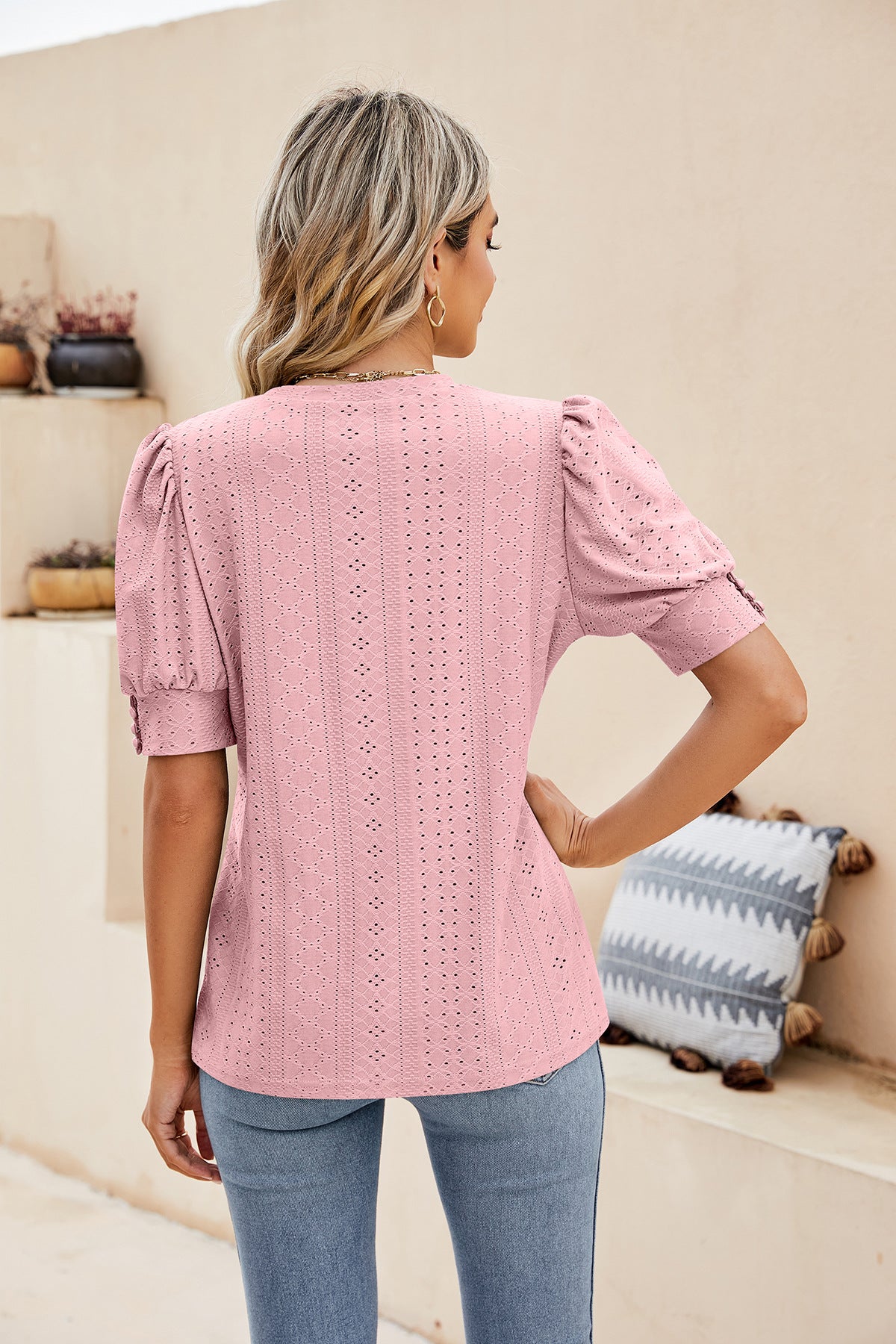 Sweet Puff Sleeve Shirt with Embroidered Cutouts