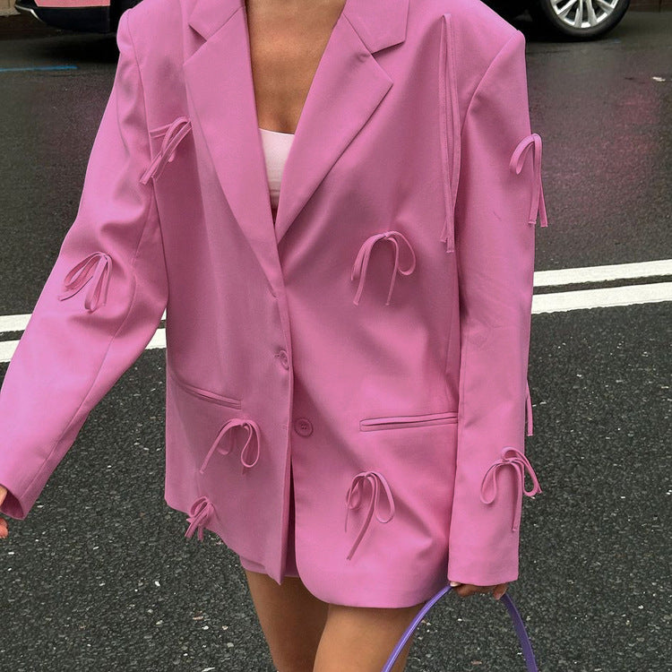 Women's Pink Bow Detail Oversized Casual Blazer