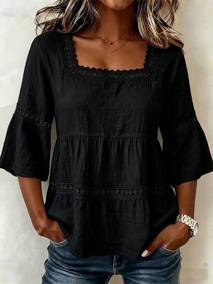 Women's Square Neck Lace Trim 3/4 Sleeve Linen Blend Top