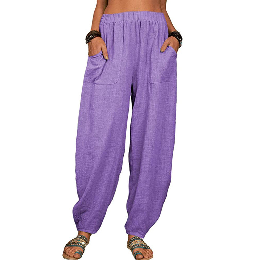 Women's Linen Harem Pants High Waist Loose Casual Boho